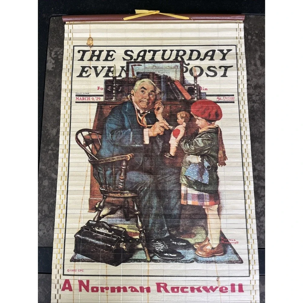 Vtg. Wooden 1984 Norman Rockwell‎ Year-Long Roll-Up Calendar Wall Hanging